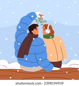 Love couple at winter date outdoors. Romantic man in woman kissing in park, nature in cold snow weather, wintertime. Happy valentines characters in snowy time, snowfall. Flat vector illustration