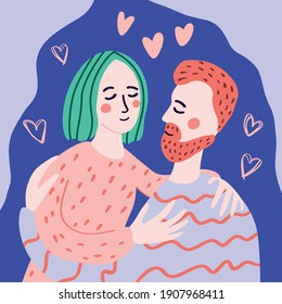 A love couple of woman and man who hug each other. Hand drawn illustration. Flat cartoon style. Vector illustration for card.