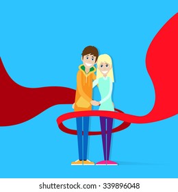 Love Couple World AIDS Day Awareness Red Ribbon Concept Men Hug Woman Cartoon Character Flat Vector Illustration