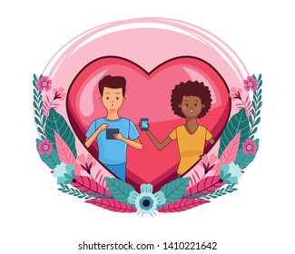 love couple young people inside heart icon using technology smartphone cartoon  vector illustration graphic design