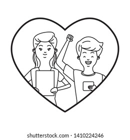 love couple young people inside heart icon using technology devices tablet and smartphone cartoon vector illustration graphic design
