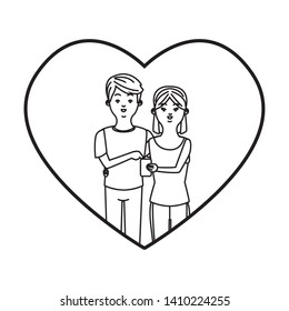 love couple young people inside heart icon using technology smartphone cartoon vector illustration graphic design