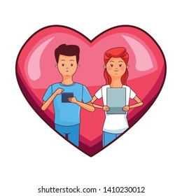 love couple young people inside heart icon using technology devices tablet and smartphone cartoon vector illustration graphic design
