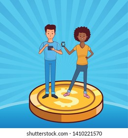 love couple young people using technology smartphone making money over coin cartoon  over blue striped background vector illustration graphic design