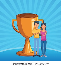 love couple young people using technology smartphone succes concept trophy cartoon  over blue striped background vector illustration graphic design