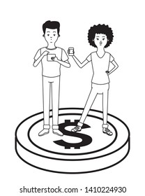 love couple young people using technologysmartphone making money over coin cartoon vector illustration graphic design