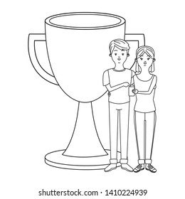 love couple young people using technologysmartphone succes concept trophy cartoon vector illustration graphic design