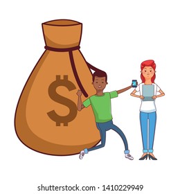 love couple young people using technology smartphone an tablet making money investment cartoon vector illustration graphic design