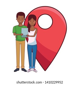 love couple young people using technology tablet with gps app cartoon vector illustration graphic design