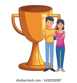 love couple young people using technology smartphone succes concept trophy cartoon vector illustration graphic design