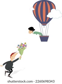 Love couple. Young woman flying away from the bridegroom on the air balloon. 