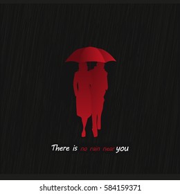 Love couple.Black background.red umbrella.Postcard.Text.
