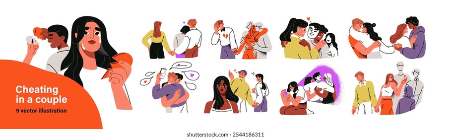 Love couples in conflict, cheating and infidelity. Intimacy, relationship problems concept. Jealousy, heartbreak, partners betrayal, distrust. Flat vector illustration set isolated on white background