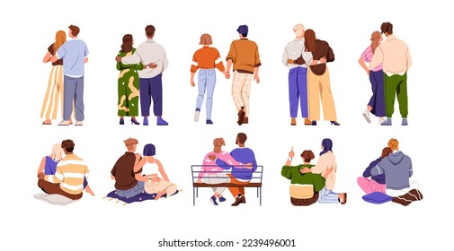 Love couples dating, hugging, walking, back view. Men and women in romantic relationship, embracing, sitting, standing during rendezvous. Flat vector illustrations isolated on white background