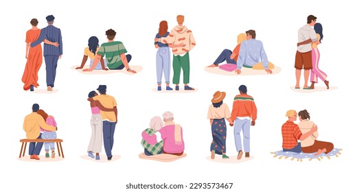 Love couples dating, hugging, walking, back view. Puppy love. Men and women pairs sitting, walking together, holding hands on date, romantic relationships. Man hug woman embracing, sitting. Vector