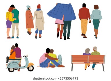 Love couples dating, hugging, walking, rear view. Men and women in romantic relationship, embracing, sitting, standing. Flat vector illustrations isolated on white background