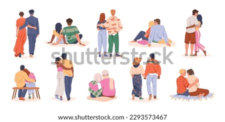 Love couples dating, hugging, walking, back view. Puppy love. Men and women pairs sitting, walking together, holding hands on date, romantic relationships. Man hug woman embracing, sitting. Vector