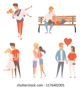 Love couples. Flirting and kissing romantic lovers male and female characters at st valentine day 14 february vector cartoon mascots. Girlfriend character, romantic love flirting illustration