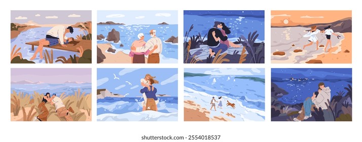 Love couples on beach. Romantic seaside dates, honeymoon vacation set. Man and woman, summer holiday, time together at sea coast. Happy enamored people kissing, walking. Flat vector illustrations