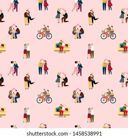 Love couples people pattern. Man and woman together vector illustration, holding hands and kissing, cycling and romantic dinner in restaurant on pink background