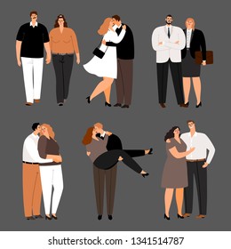 In Love Couples, Plus Size Women And Men Vector Set. Illustration Of Couple Man And Woman, People Husband And Wife