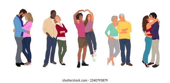 Love couples set. Men and women different races, nationalities and ages in romantic relationship, dating, hugging, kissing, standing together. Vector realistic illustrations isolated, white background