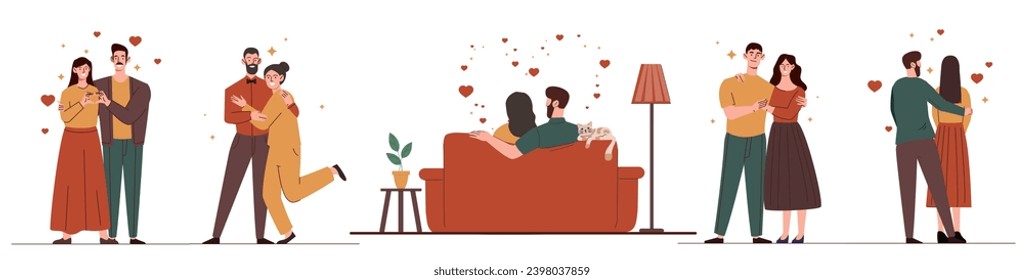 Love couples set. Men and women hug and kiss each others. Valentines Day and wedding anniversary celebration. Romance and care. Cartoon flat vector collection isolated on white background