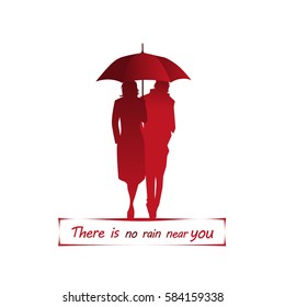 Love couple.White background.red umbrella.Postcard.Text.