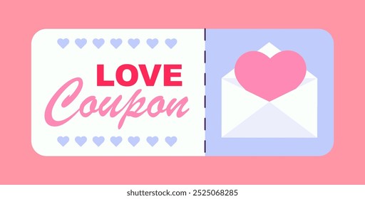 Conceito de cupom de amor. Presente e presente romântico. Dia dos Namorados ou aniversário de casamento. Surpresa criativa para namorado ou namorada. Cartaz ou banner. Ilustração de vetor plano isolada sobre plano de fundo rosa