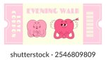 Love coupon with cute couple hearts characters in retro groovy style. A wish evening walk. Valentines day, February 14 and other love holiday. Horizontal vector illustration 