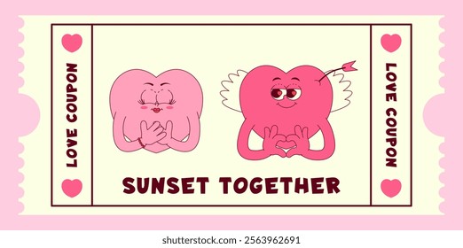 Love coupon with cute couple hearts characters in retro groovy style. Sunset together. Valentines day, February 14 and other love holiday. Horizontal vector illustration 