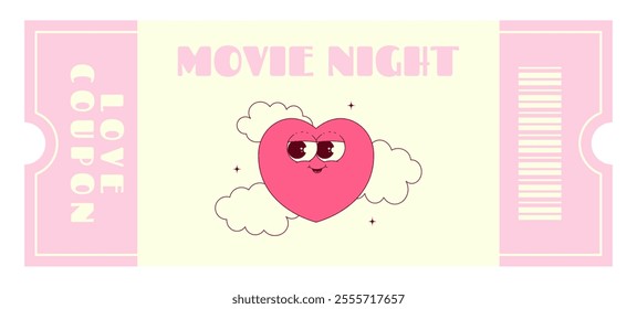 Love coupon with cute heart character in retro groovy style. A wish movie night. Valentines day, February 14 and other love holiday. Horizontal vector illustration 