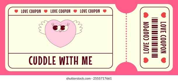 Love coupon with cute heart character in retro groovy style. Cuddle with me. Valentines day, February 14 and other love holiday. Horizontal vector illustration 