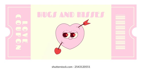 Love coupon with cute hearts character in retro groovy style. A wish hugs and kisses. Valentines day, February 14 and other love holiday. Horizontal vector illustration 