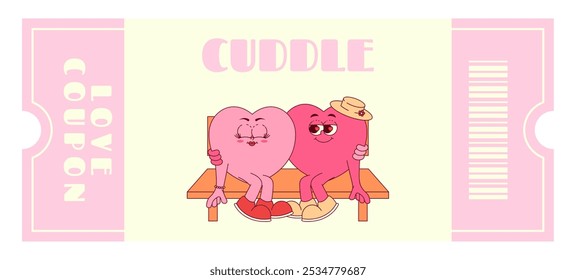 Cupom de amor com corações bonitos personagens no banco em estilo retro groovy. Cuddle. Dia dos Namorados, 14 de fevereiro e outras férias do amor. Ilustração vetorial horizontal 