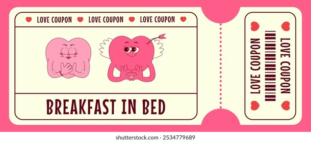 Love coupon with cute hearts characters in retro groovy style. Breakfast in bed. Valentines day, February 14 and other love holiday. Horizontal vector illustration 