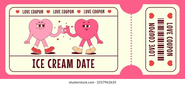 Love coupon with cute hearts characters in retro groovy style. Ice cream date. Valentines day, February 14 and other love holiday. Horizontal vector illustration 