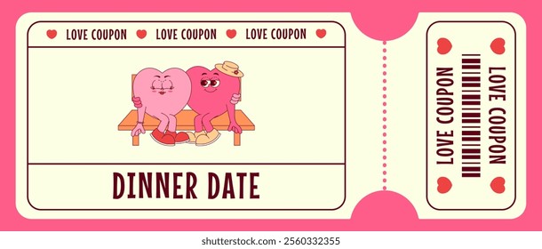 Love coupon with cute hearts characters om bench in retro groovy style. Dinner date. Valentines day, February 14 and other love holiday. Horizontal vector illustration 