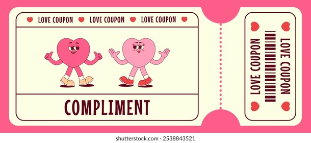 Love coupon with cute walking hearts characters in retro groovy style. Compliment. Valentines day, February 14 and other love holiday. Horizontal vector illustration 