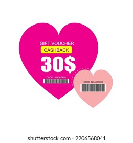 Love coupon discount. 30$ price offer, promo code gift voucher and coupons template. Vector illustration.