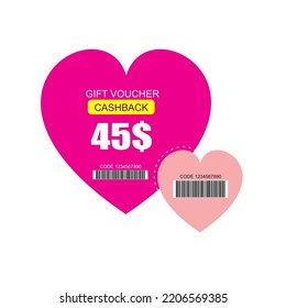 Love Coupon Discount. 45$ Price Offer, Promo Code Gift Voucher And Coupons Template. Vector Illustration.