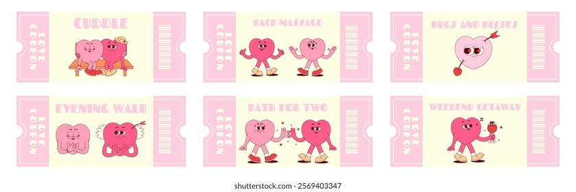 Love coupon set with cute hearts characters in retro groovy style. Quote with a wish. Valentines day, February 14 and other love holiday. Horizontal vector illustration 