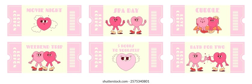 Love coupon set with cute hearts characters in retro groovy style. Quote with a wish. Valentines day, February 14 and other holiday. Horizontal vector illustration 