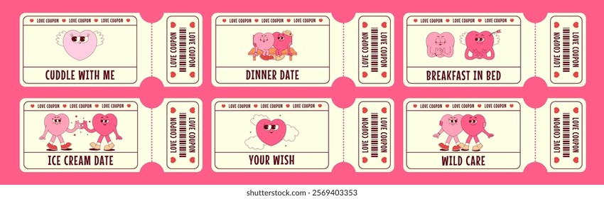 Love coupon set with heart characters in retro groovy style. Valentines day, February 14 and other holiday. Horizontal vector illustration with quote, barcode 