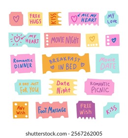 Love coupon set for Valentines day. Cute doodle sticker collection. My heart, kiss, free hugs, date night, free wish, day for you, romantic dinner etc.