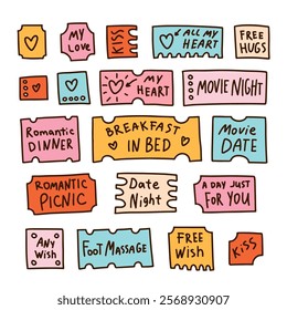 Love coupon set for Valentines day. Cute doodle sticker collection. My heart, kiss, free hugs, date night, free wish, day for you, romantic dinner etc.