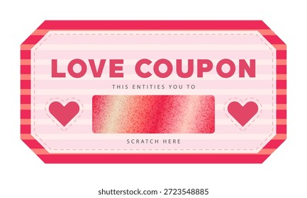 Plantilla de Cupón del amor con el rasguño de la capa. Diseño gráfico para el día de San Valentín, boda, despedida de soltera, aniversarios, regalo romántico. Ilustración vectorial dibujada a mano.