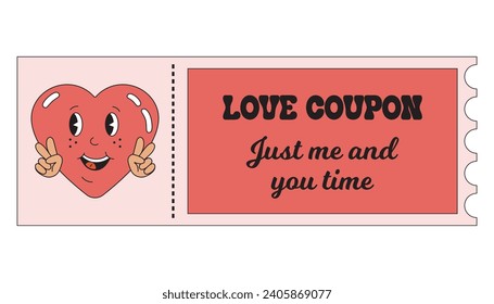 Love Coupon Valentines day. Love coupon just me and you time, romantic date in trendy retro style for boyfriend or girlfriend. Valentine gift, surprise and present for couples.