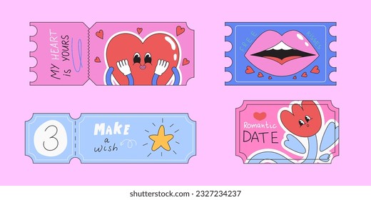 Ama a los cupones por novio o novia. Boletos de San Valentín. Amor, concepto romántico. Juego de vectores de vales dibujados a mano con caracteres adorables y groovy funky para pegatinas o impresión. Regalo de fecha creativa.