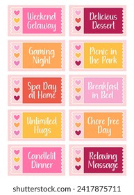 Love coupons for boyfriend, girlfriend. Valentine's Day gifts. Tear-off tickets, gift for couples, date ideas - weekend getaway, unlimited hugs, relaxing massage, breakfast in bed, candlelit dinner